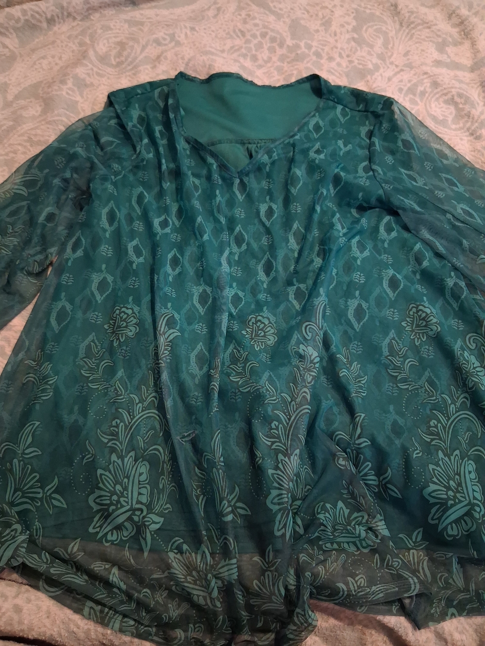 SHEIN Teal Floral Sheer Tunic Top - Picture 2 of 5